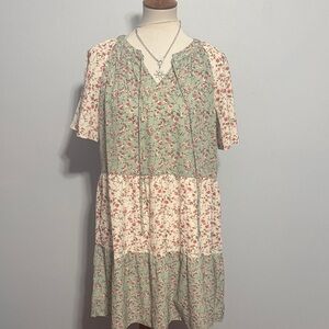 Vintage-Inspired Sage Green & Cream Floral Tiered Mini Dress